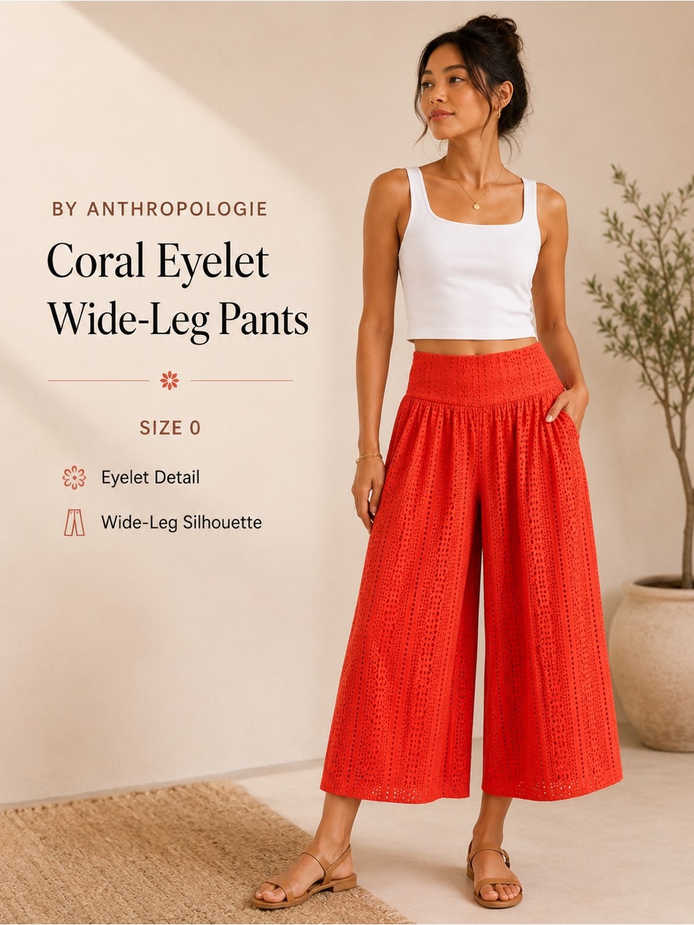 Anthropologie Coral Eyelet Wide Leg Cropped Pants Culottes Orange Red Size 0